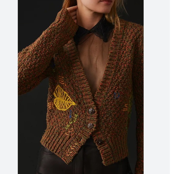 Wendy Wurtzburger & Marcella Volini Anthropologie Monstera Puff-Sleeve Cardigan - Picture 2 of 5